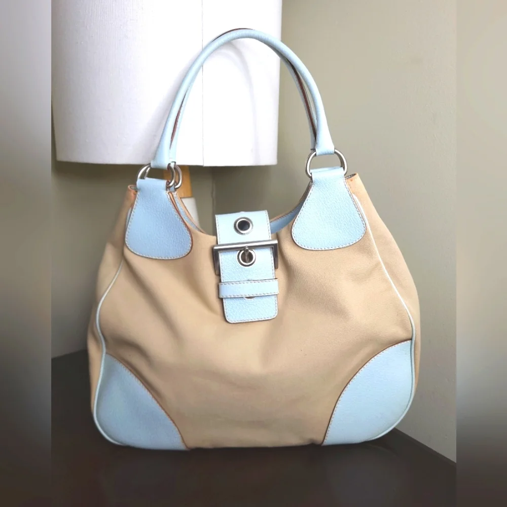 Prada Canapa Moon Shoulder Bag, Blue and Beige - Picture 1 of 13